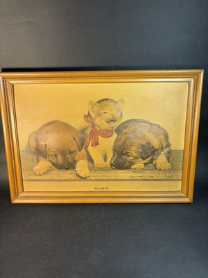 Vintage Morris Bendien Susie Cat Litho 3D Print Framed Kitten Puppies 1940's