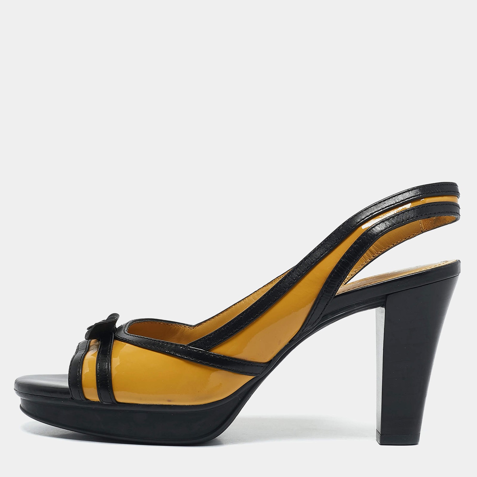 Tods YellowBlack Patent and Leather Platform Slingback Sandals Size 385