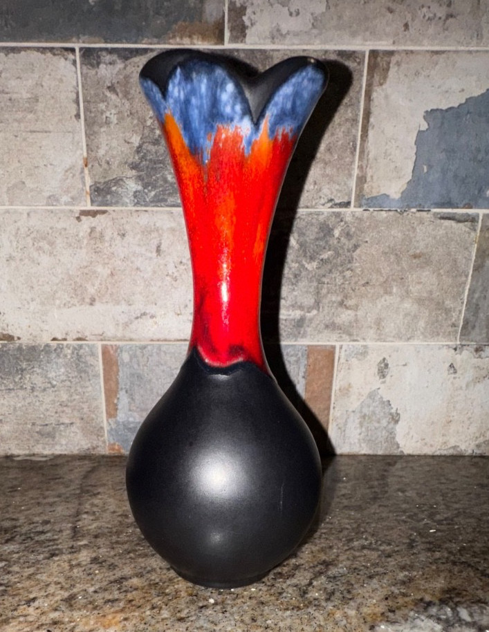 Vintage Haeger Art Pottery Black Mystique Orange Red Lava Drip MCM Vase #4001