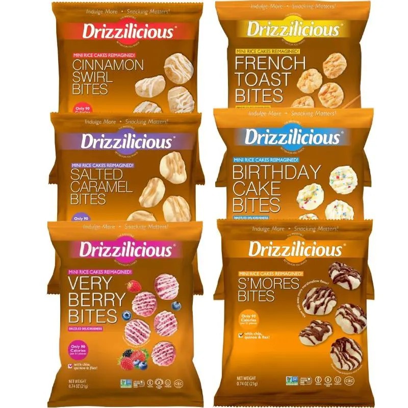 Drizzilicious Mini Rice Cakes 6 Pack 0.74 oz bags – Cinnamon, French Toast, Bday