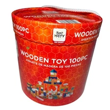 Bee Happy Wooden Toy 100 Piece Building Blocks Set Cat Astronaut Ages 3+ Play