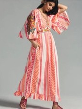 New ANTHROPOLOGIE FARM RIO V-Neck Embroidered Maxi Dress Bright Orange & Pink XL