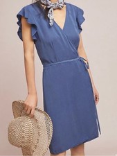 Anthropologie Cloth & Stone Blue Wrap Dress Flutter Sleeves Casual NWT Size S