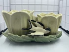 Vintage McCoy USA Pottery - Double Green Tulip Planter Cache With Bird, MCM 1949