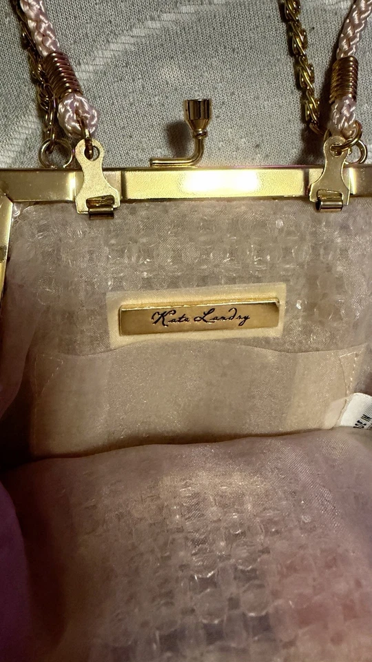 Kate Landry Beaded Purse Evening Bag Peach Clutch Gold Tone Metal Kiss Lock - Image 2 of 3