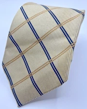 John Pearse Neck Tie Men's 100% Silk Beige Ribbed with Navy Gold Stripes Vintage