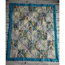 Vtg Handmade Baby Quilt Alphabet Pattern Flannel Backing Satin Trim Unisex A3
