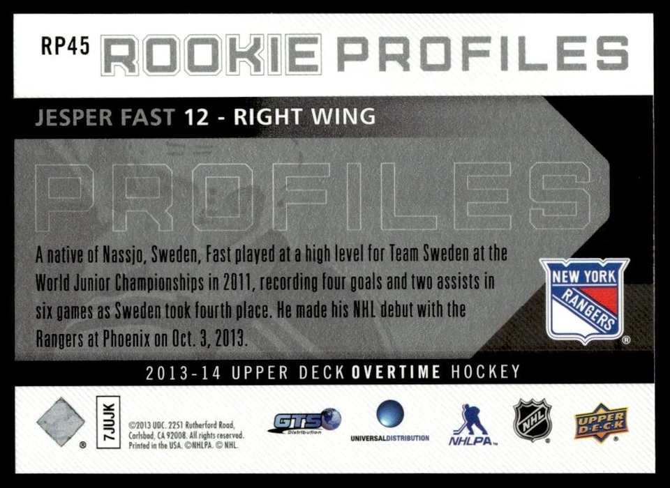 2013-14 Upper Deck Overtime Rookie Profiles Jesper Fast New York Rangers #RP45 - Image 2 of 2