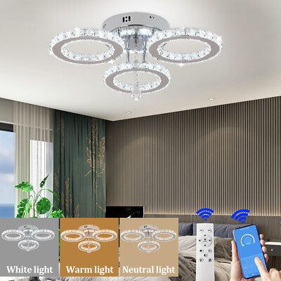 Dimmable Crystal LED Ceiling Light Chandelier Living Room Remote Control 3 Rings