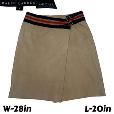 Vintage USA Union Made Ralph Lauren Tan Sheep Suede Leather Belted Skirt Size 2