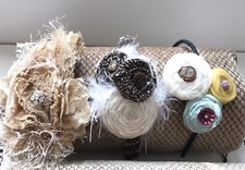 Lot of 3 Handmade Headbands: Cream/Blue Flower, Brown/Cream Button, Multi Flower
