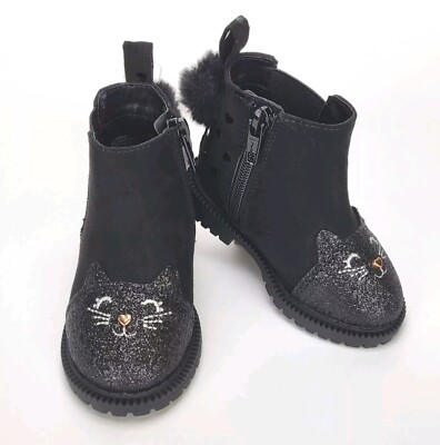 Toddler Girls Black Glitter Cat Ankle Boots With Pom Pom Heart
