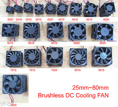 Lot of 10pcs Brushless DC Cooling fans 2pin 5V 12V 24V multi Sizes 2507 to 8025