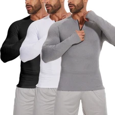 Mens Compression Thermal T-Shirt Under Base Layer Sports Fitness Tops Zip Neck
