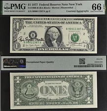 1977 $1 Federal Reserve Note - PMG 66EPQ - Dual Autograph - Morton / Blumenthal