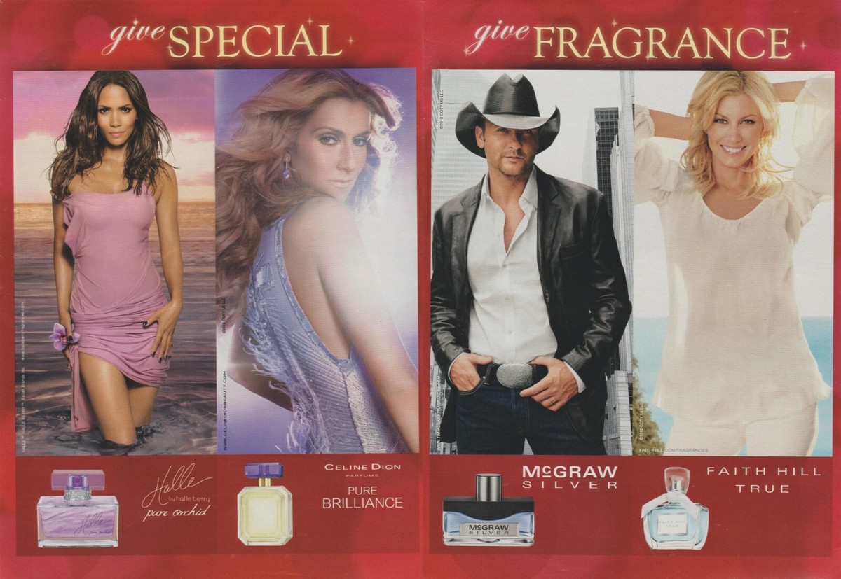 2010 Fragrance Halle Berry, Celine Dion, Tim McGraw, Faith Hill 2pg  Print Ad