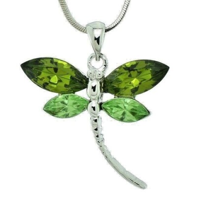 Dragonfly Green Pendant Made With Swarovski Crystal Wings Necklace 20'' Chain