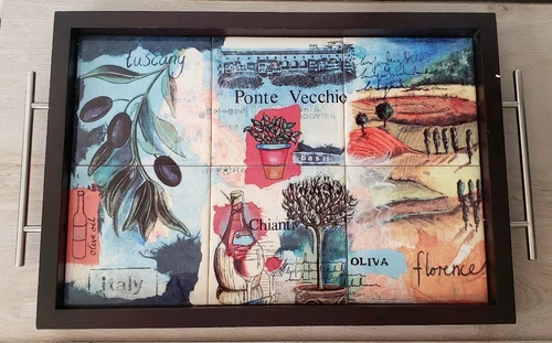 22" X 13.5" TILED SERVING TRAY METAL HANDLES W/ WOOD TRIM ITALY TUSCANY FLORENCE