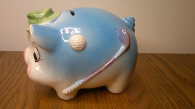 vintage Trimont Ware ceramic golfing piggy bank Japan cute little guy     Z109