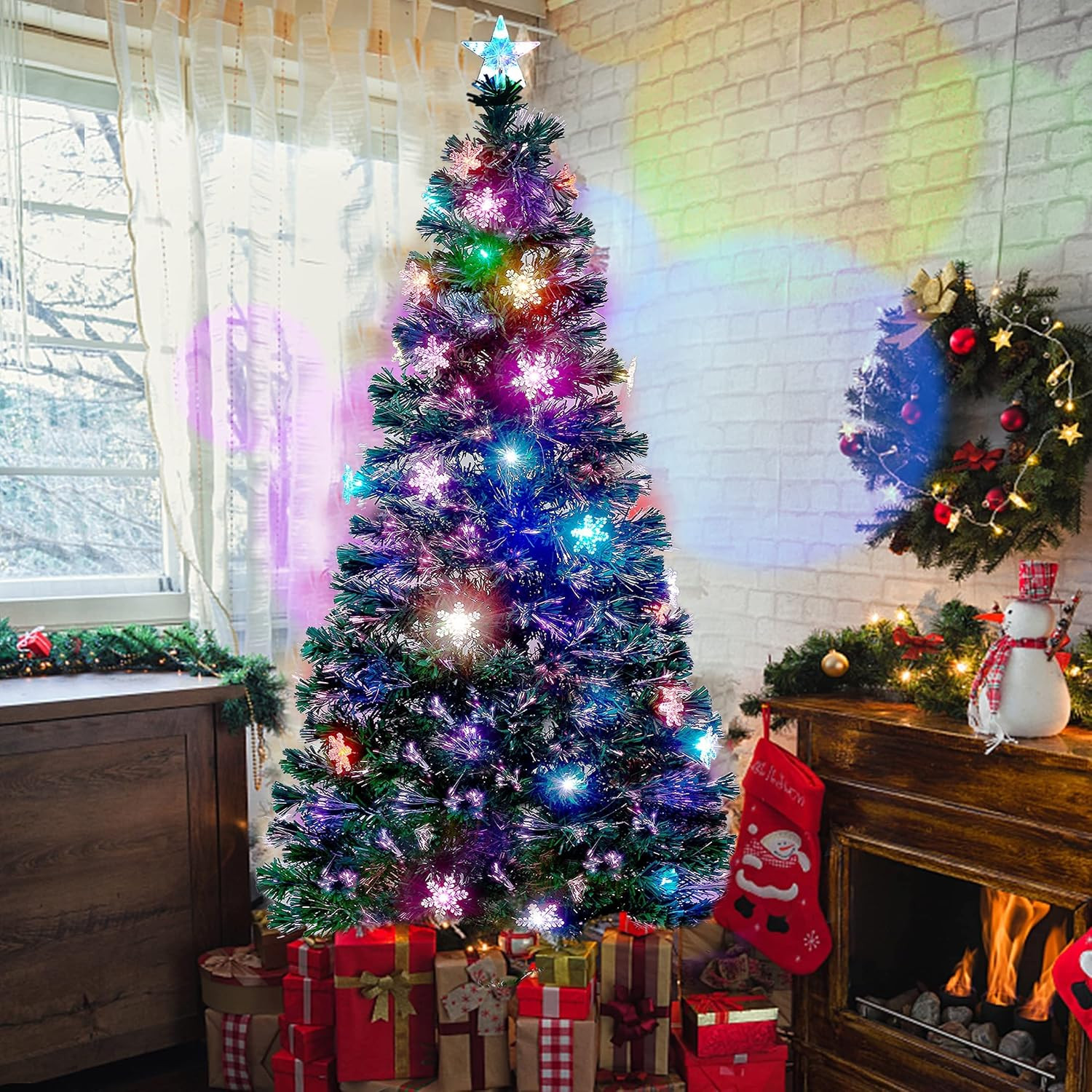 Arbol de Navidad Preiluminado Con Luces LED Multicolor y Copos de Nieve (6 pies)