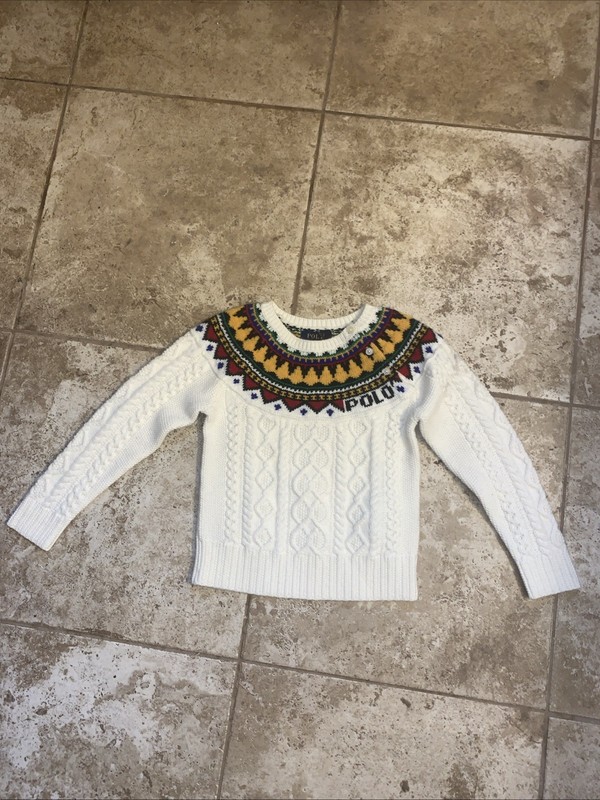 Polo Ralph Lauren Girl’s Small (6) Fair Isle Aran Knit Sweater Cream Colorful