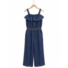 Cat Jack Girls 10/12 Blue Chambray Wide Leg Jumpsuit Ruffle Smocked Waist