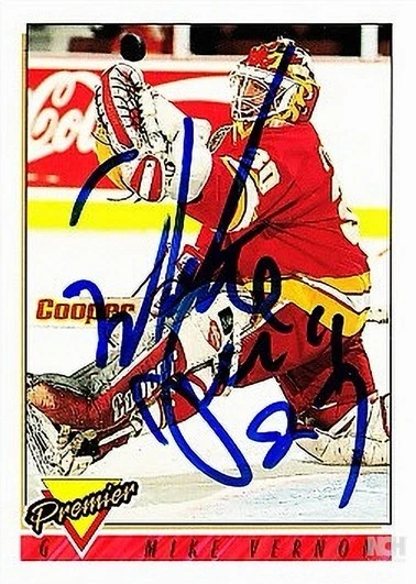Mike Vernon autographed signed Calgary Flames 1993-94 Topps Premier promo card