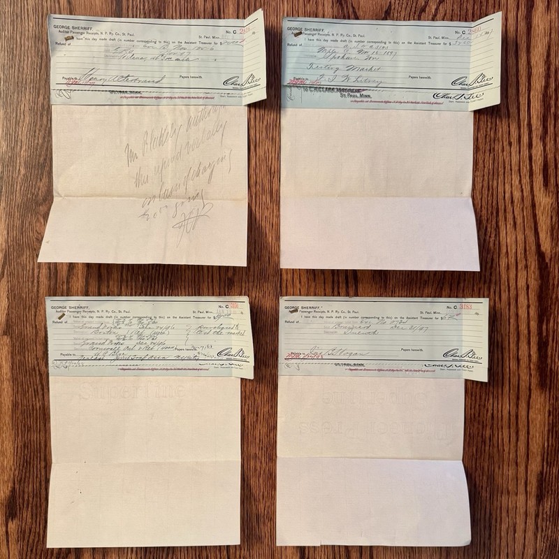 *Lot of 4* Northern Pacific Railway VINTAGE 1897-98 Receipts & Checks