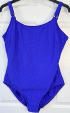 VTG JANTZEN One Piece Swimsuit Royal Blue Textured Crinkle Gold Rings 24  16W 