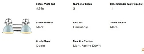 Golden Lighting Duncan 8.5 in. 2-Light Chrome Vanity Light with Seafoam Shades - Picture 3 of 4