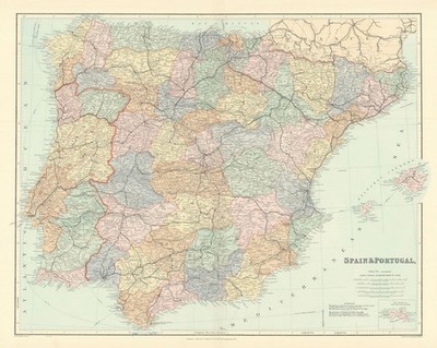 Spanien & Portugal. Iberia. Eisenbahnen. Große 52x65cm. STANFORD 1901 alte Karte