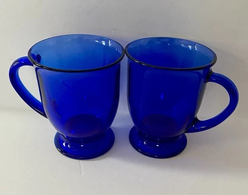 2 Cafe Cobalt Blue Anchor Hocking Mug Footed Pedestal Flared Lip 16oz Vtg Exc