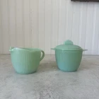 Vintage Fire King Jadeite Jane Ray Ribbed Creamer & Sugar Bowl w Lid #12 & #13