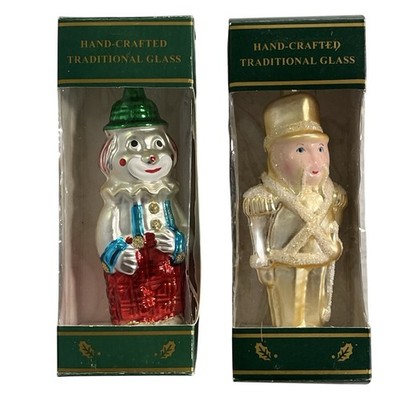 Vintage Kurt Adler Christmas Ornaments Glass Clown Gold Toy Solider Set Of 2