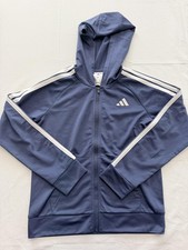 Adidas Track Jacket Kids 10-12 Blue Hooded Full Zip 3-Stripes Athletic Training