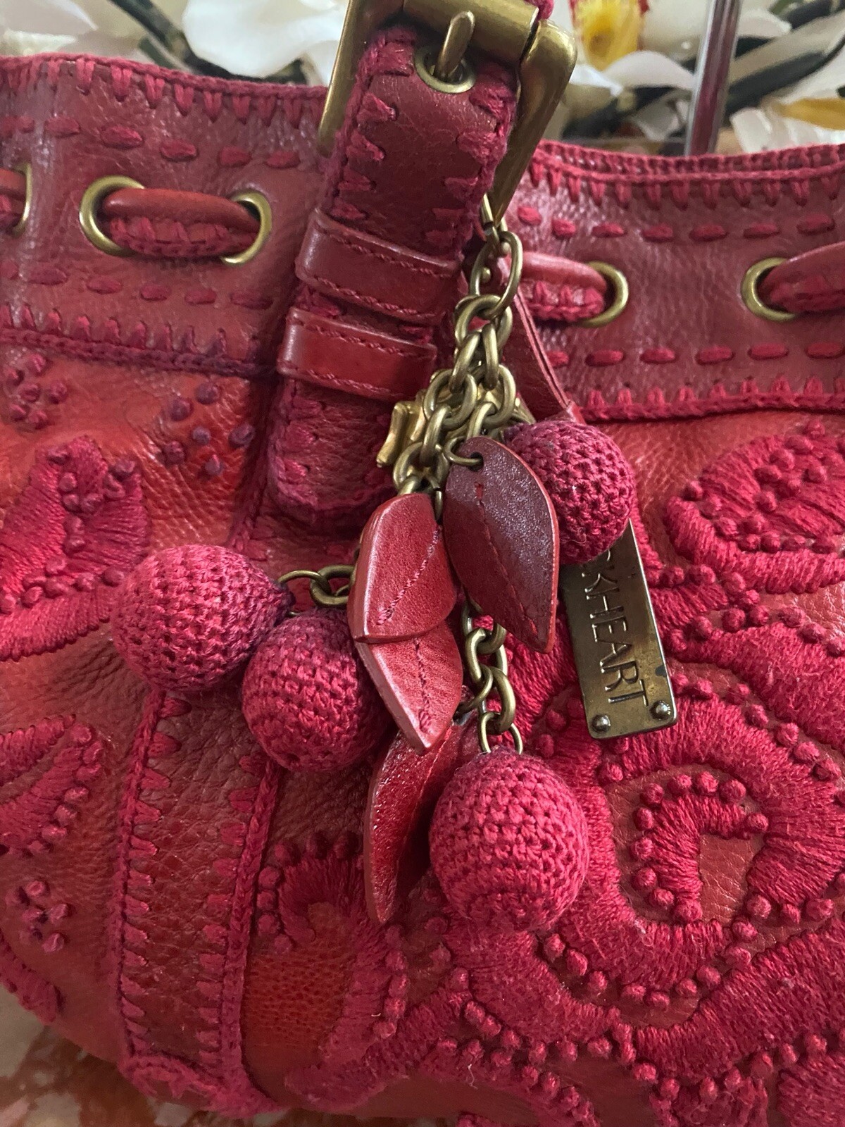 LOCKHEART EMBROIDERED ROSES RED LEATHER HAND STITCH SATCHEL SHOULDER BAG $1,200 image 3