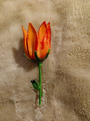 Vintage 1960's Orange Tulip Paper Mache Pin Brooch with tag S1 121