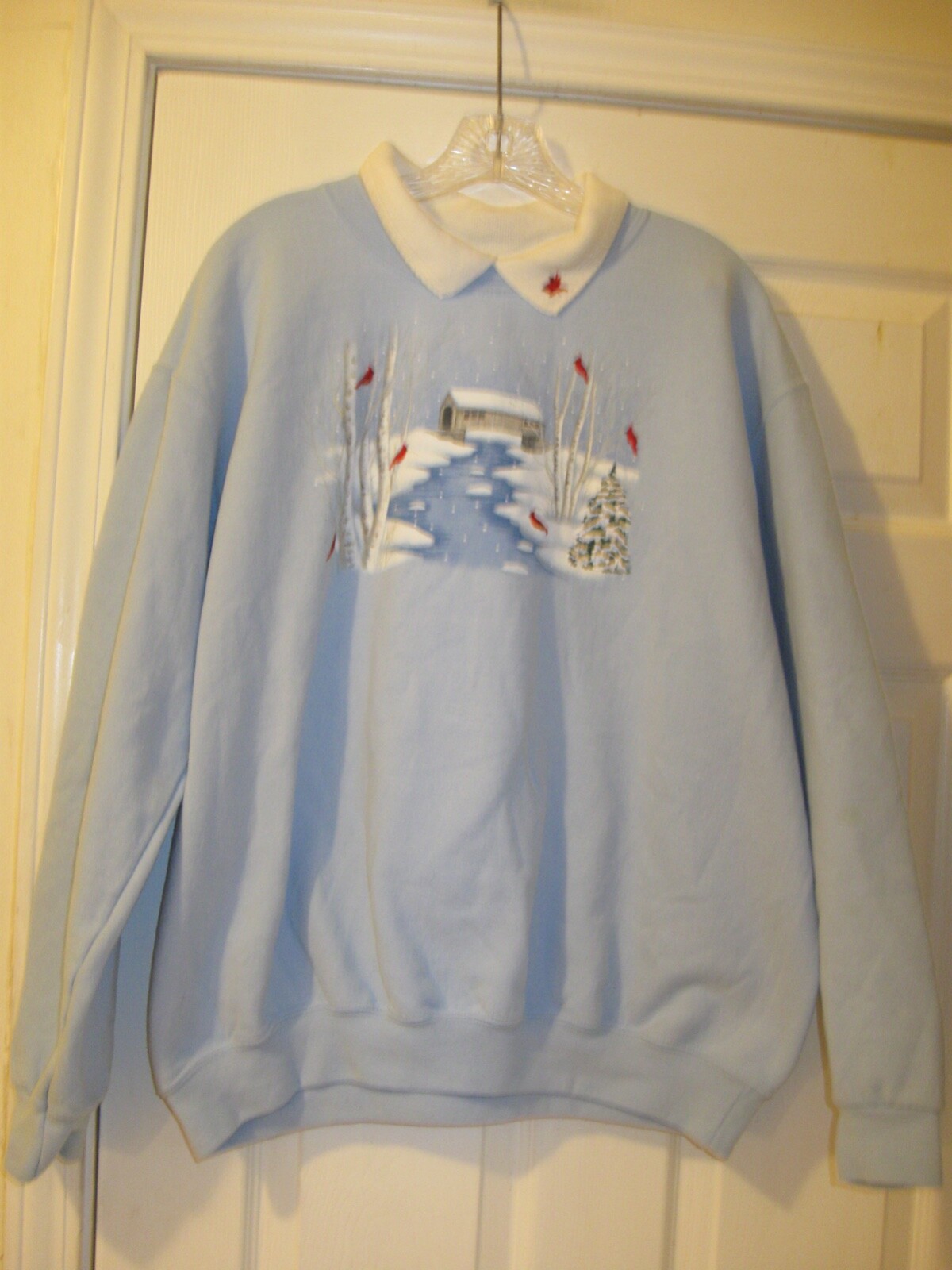 Womenu0026#039;s Top Stitch Morning Sun Embroidered Winter Scene Red Bird  Sweatshirt XL | eBay