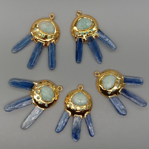 Natural Blue Kyanite Amazonite Gold Electroplated Pendant for jewelry making - Picture 2 of 9