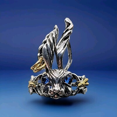 RABBIT Ring Bunny Gifts Adjustable Wrap Ring Blue Sapphire Glass Eyes Goldtone 