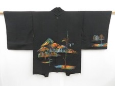 4115T14z590 Vintage Japanese Kimono Silk HAORI Mountain Black