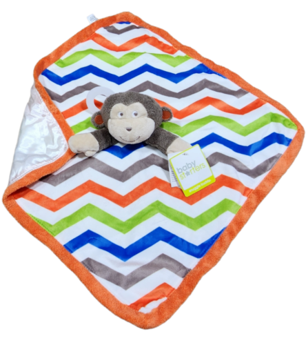 Baby Starters NWT Lovey Security Plush Blanket Monkey Chevron Blue Orange Brown - Picture 1 of 2