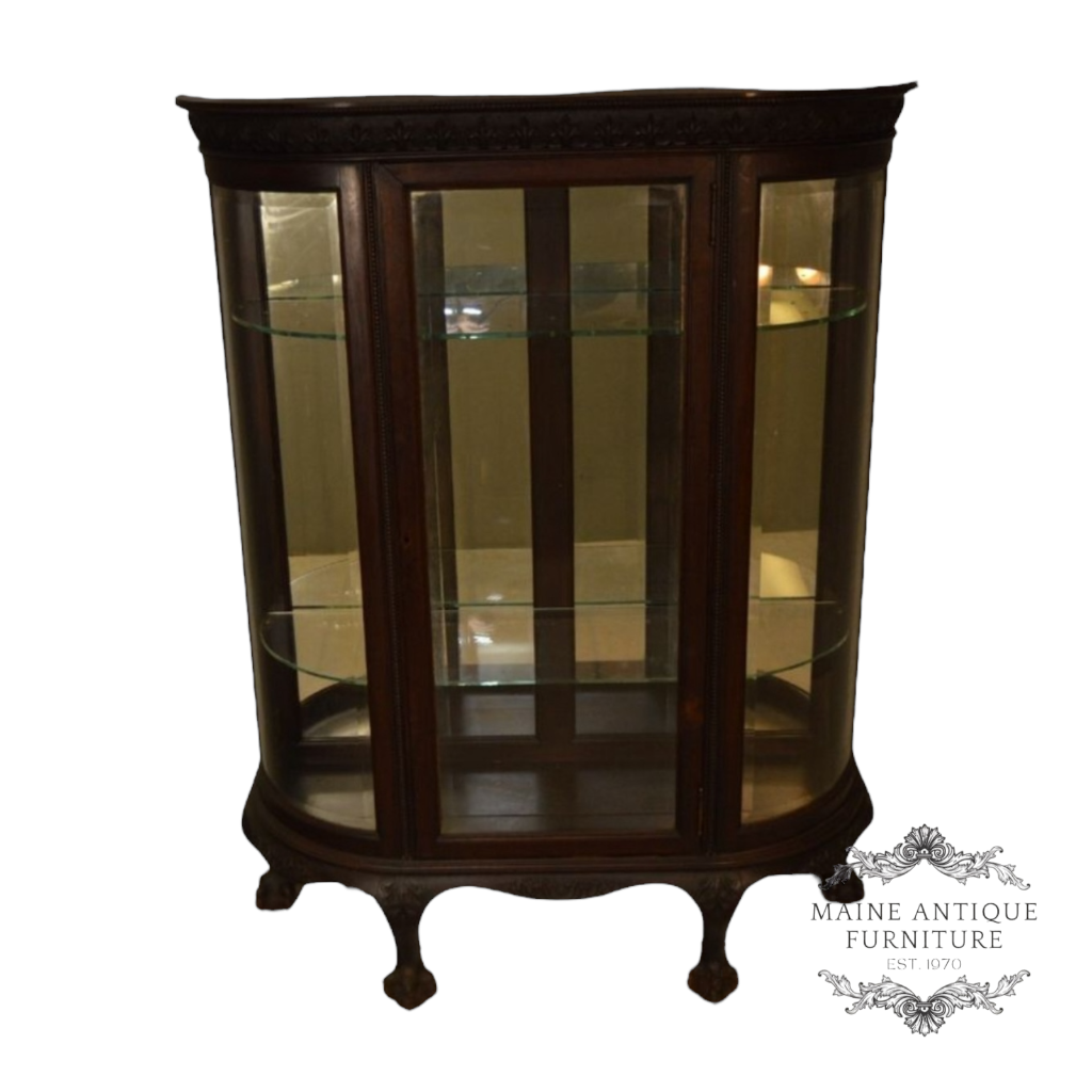 Antique Oak China Cabinet with Curved Glass and Mirror Back – 1890s #21578