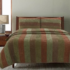 Rhett Brown Striped Polyester Reversible Quilt Set, Bedspread, Coverlet