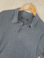 AllSaints Shirt Mens XL Blue Aubrey SS Polo Knit Cotton Ribbed Casual Textured
