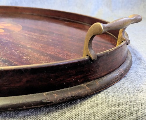 Antique EFS Oval Butler's Serving Tray Mahogany Inlaid Urn Brass Handles 14x24" - Picture 9 of 13
