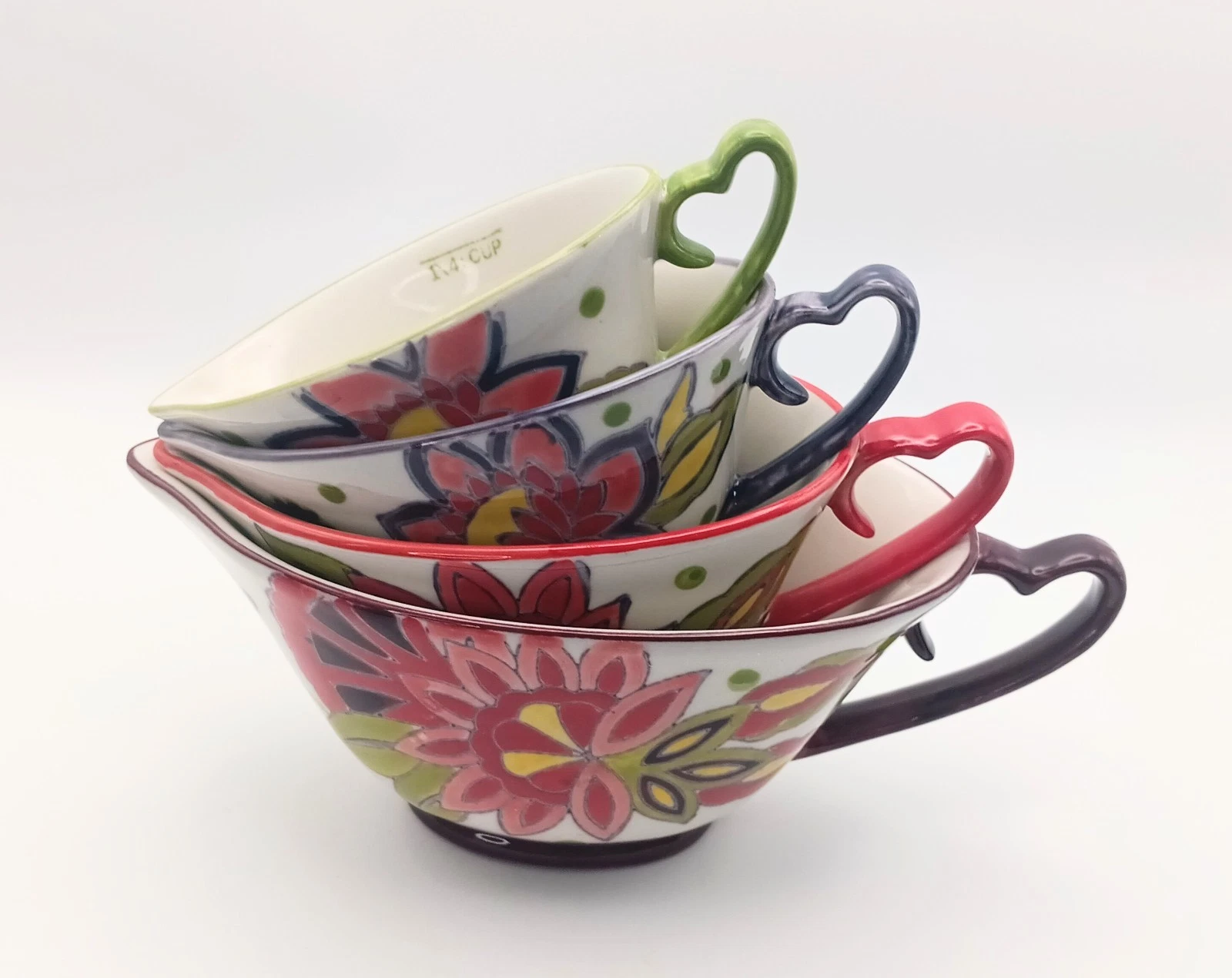 ​Pier 1 Imports Hand Painted Floral Stoneware Nesting Measuring Cups Set of 4...