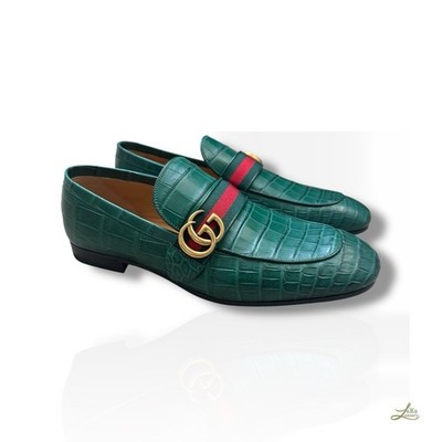 Gucci Alligator Leder Edel Halbschuhe Grün Wildleder Größe 43,5 Made in Italy
