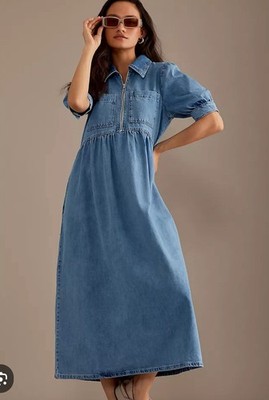 Anthropologie ALIGNE Gabriella Puff-Sleeve Midi Dress Light Wash Size 16