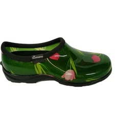 NEW Sloggers Green with PINK TULIP Low Top Garden Chicken Clogs Women SIZE 8 USA